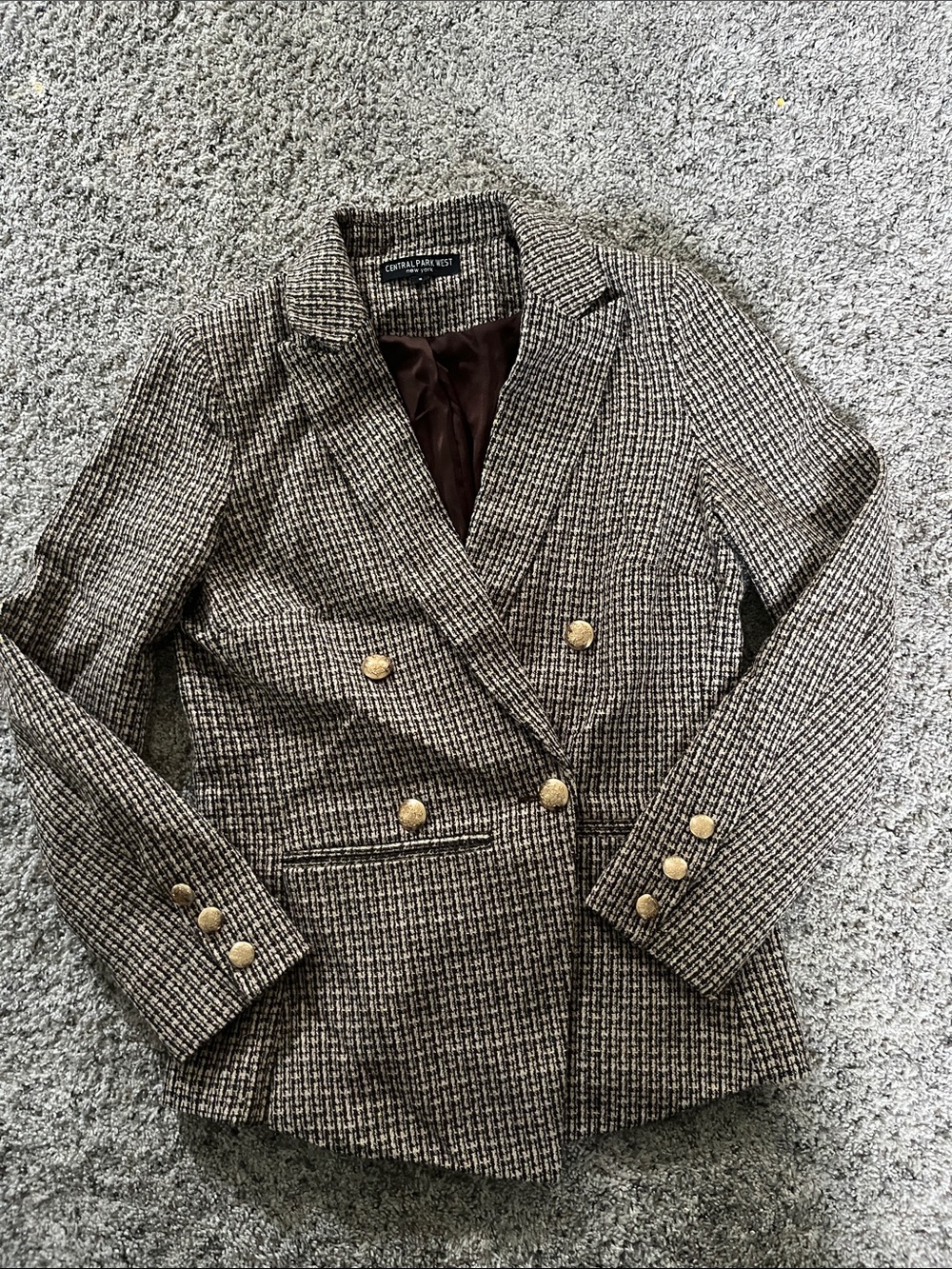 Central  Park Weat Brown Tweed Double-Breasted Blazer with Gold Buttons